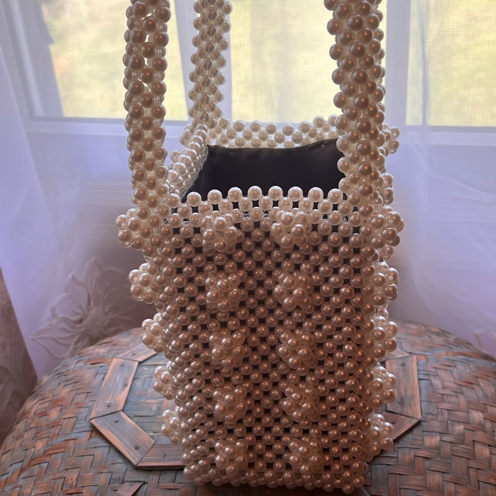 Beaded/Pearl Handmade Tote. White. Satin lined Interior.